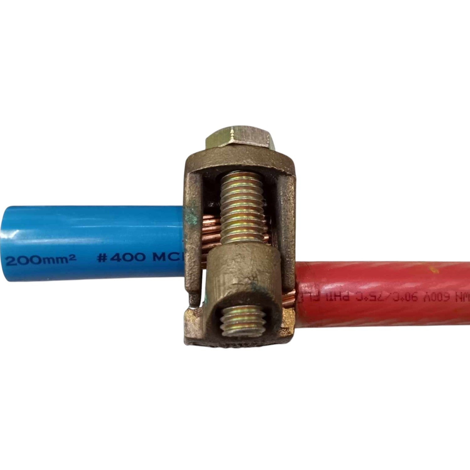 Local Solderless Connector 2 Bolt 250-350MCM joining red and blue electrical cables Solderless Connector Double Bolt 125mm - 175mm Wire Size Copper 250-350MCM Electx Electrical SUpply