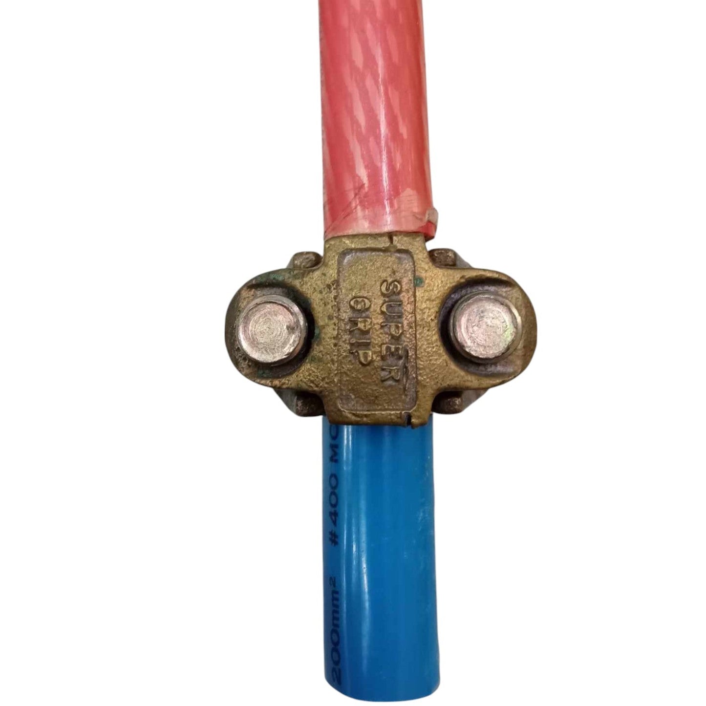 Solderless Connector 2 Bolt 250-350MCM joining red and blue insulated electrical wires Solderless Connector Double Bolt 125mm - 175mm Wire Size Copper 250-350MCM Electx Electrical SUpply