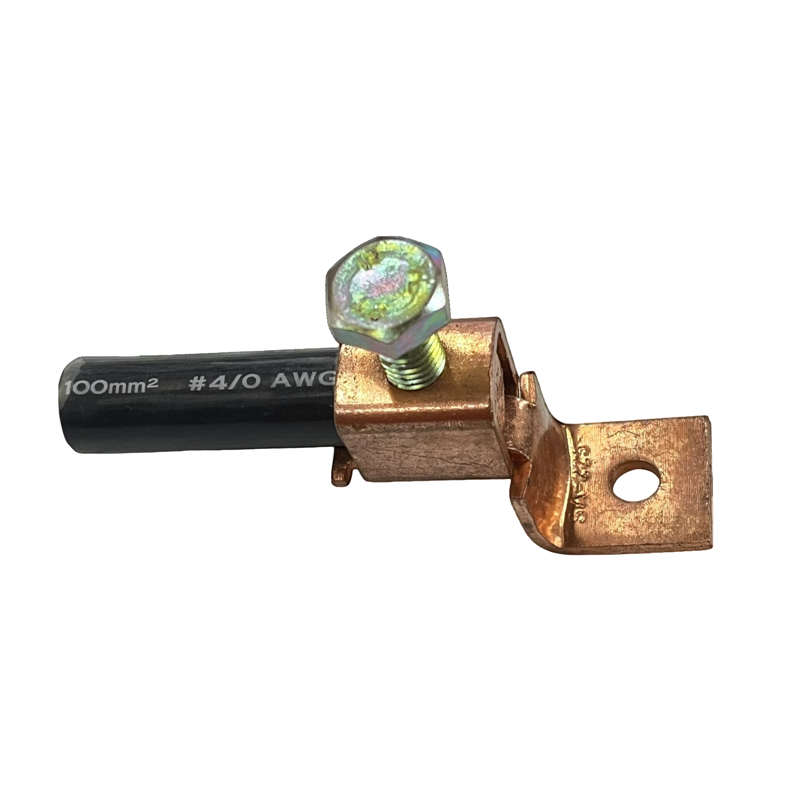 Copper Solderless Terminal Lugs 80mm-100mm with attached black cable and securing bolt Solderless Terminal Lugs 80mm-100mm Wire Size Copper, AWG 3/0-4/0 SA-225 Electx ELectrical Supply