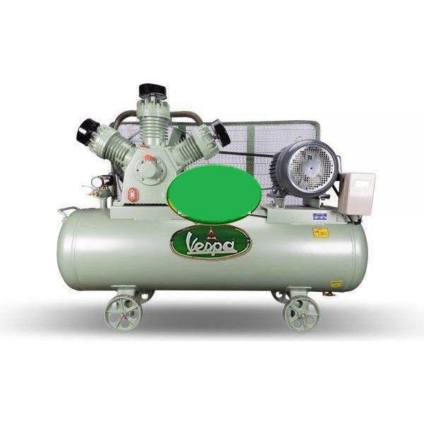 Vespa 15 HP Air Compressor in light gray with tank and motor mounted on wheels