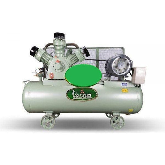 Vespa 15 HP Air Compressor in light gray with tank and motor mounted on wheels
