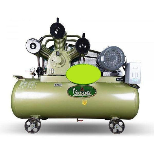 Vespa 20 HP Air Compressor in green with motor and wheels for easy mobility