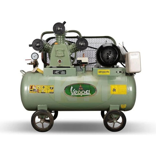 Vespa 3 HP Air Compressor with green tank and four wheels for easy mobility
