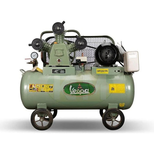 Vespa 3 HP Air Compressor with green tank and four wheels for easy mobility