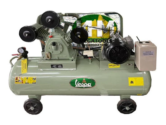 Vespa 5 HP Air Compressor with horizontal tank and dual motor featuring portable wheels