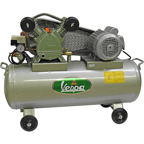 Vespa Air Compressor Belt Driven 220V with green motor and silver tank on wheels