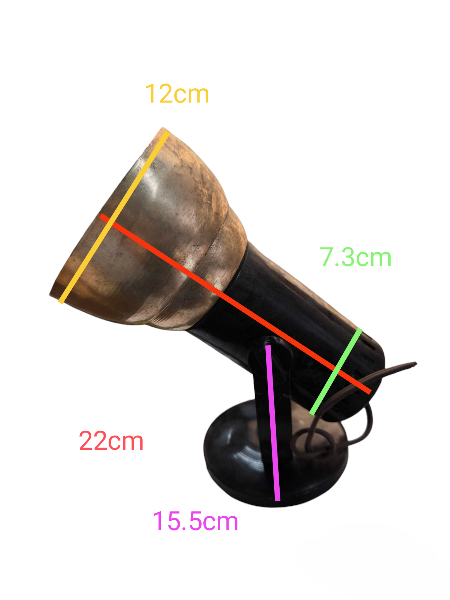 E27 spot light holder metal vintage style adjustable black base and brass shade with dimensions labeled