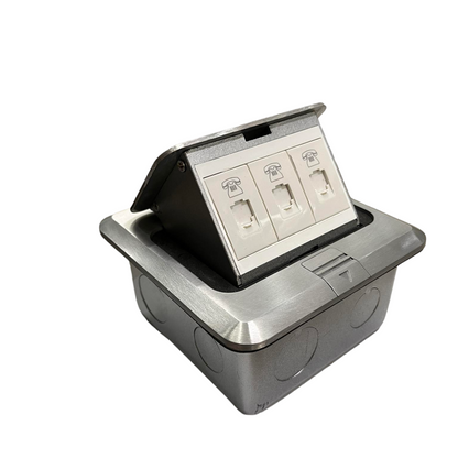 T&J Voice Pop Up Floor Outlet with three telephone ports in a stainless steel enclosure
