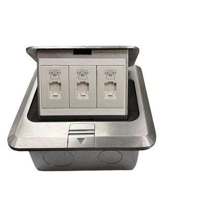 T&J Voice Pop Up Floor Outlet with three telephone ports in stainless steel casing