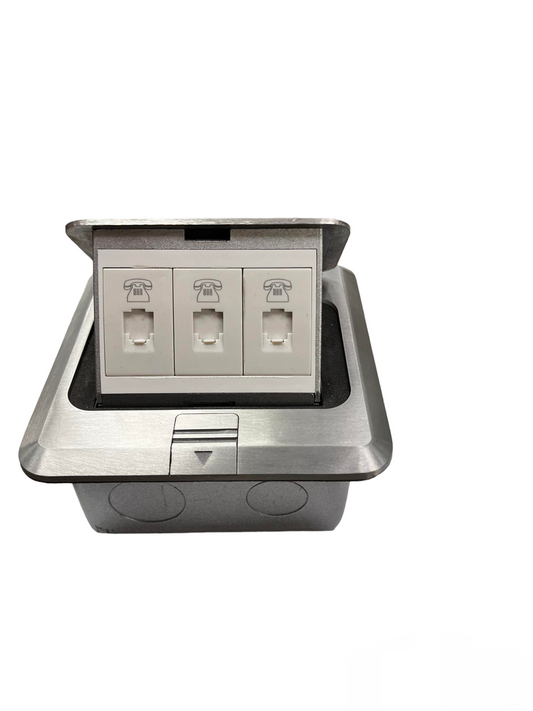 T&J Voice Pop Up Floor Outlet with three telephone ports in stainless steel casing