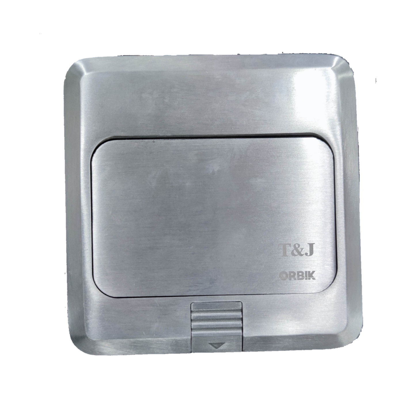 T&J Voice Pop Up Floor Outlet in brushed metal finish with a sleek, compact design