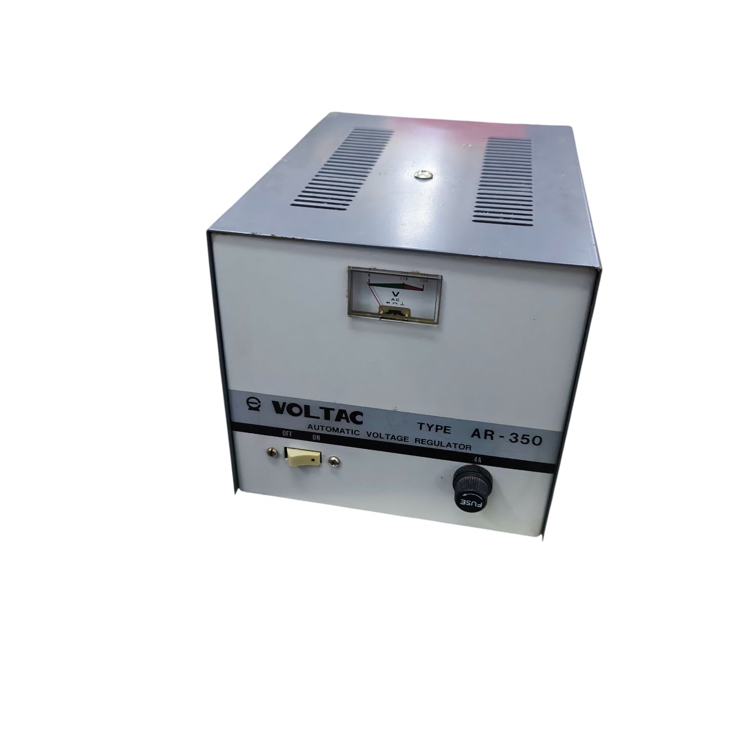 Voltac AR 350 350W Automatic Voltage Regulator white metal box with analog voltmeter and control knob