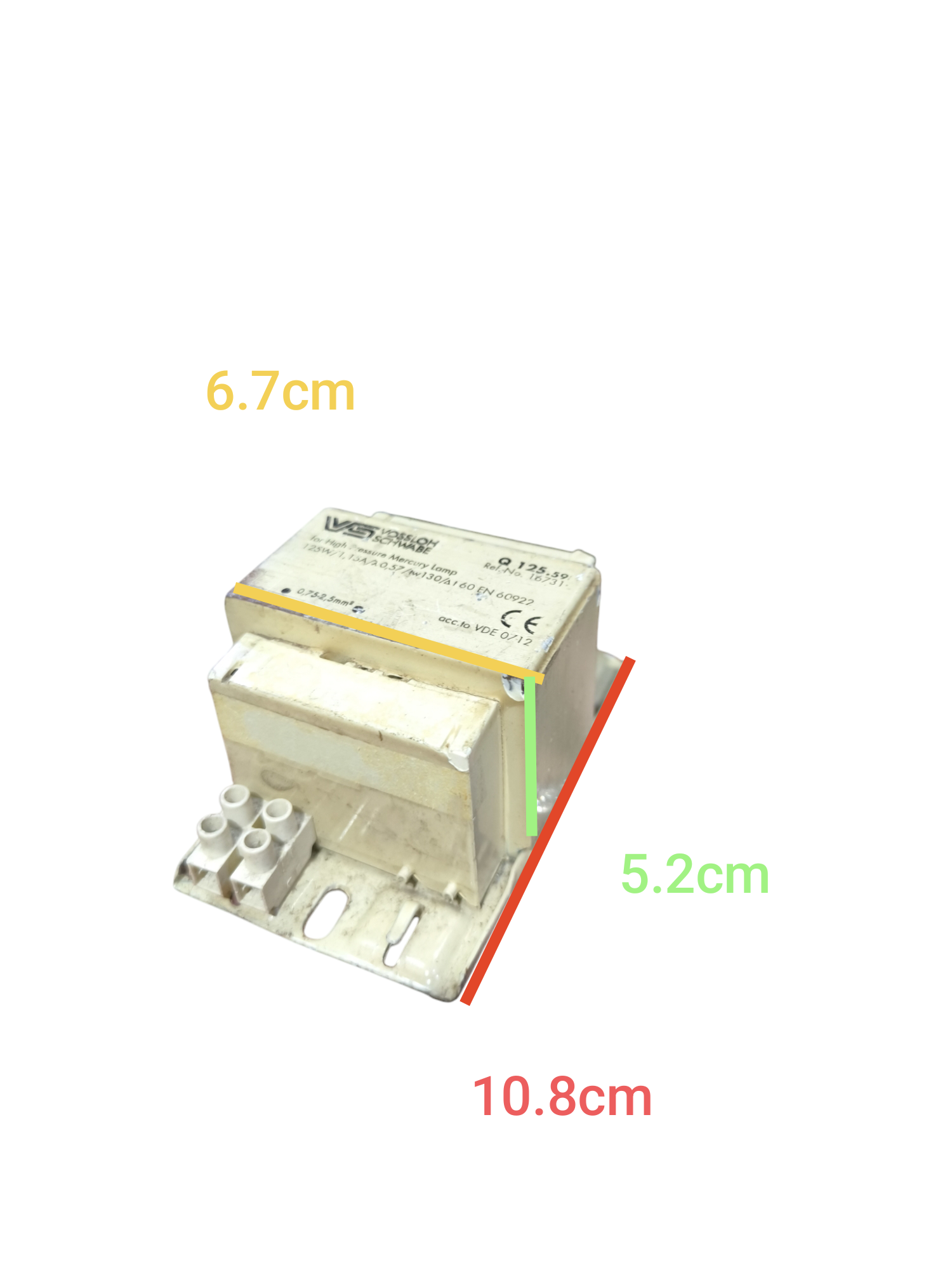 Vossloh 125W High Pressure Mercury Lamp electrical component with dimensions shown