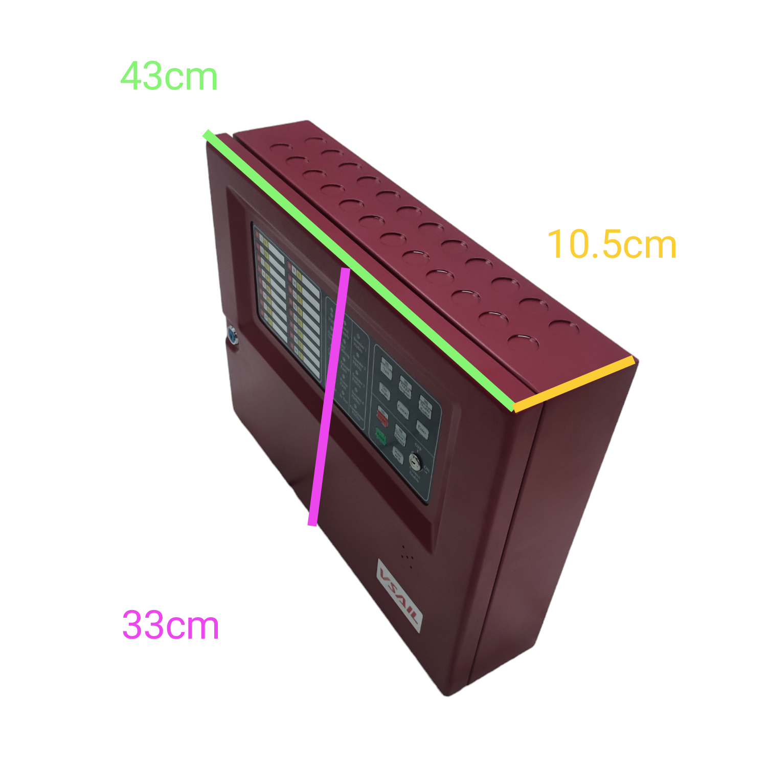 VSAIL Control Panel Conventional Type 16 Zones fire alarm detector with dimensions 43cm by 33cm by 10.5cm