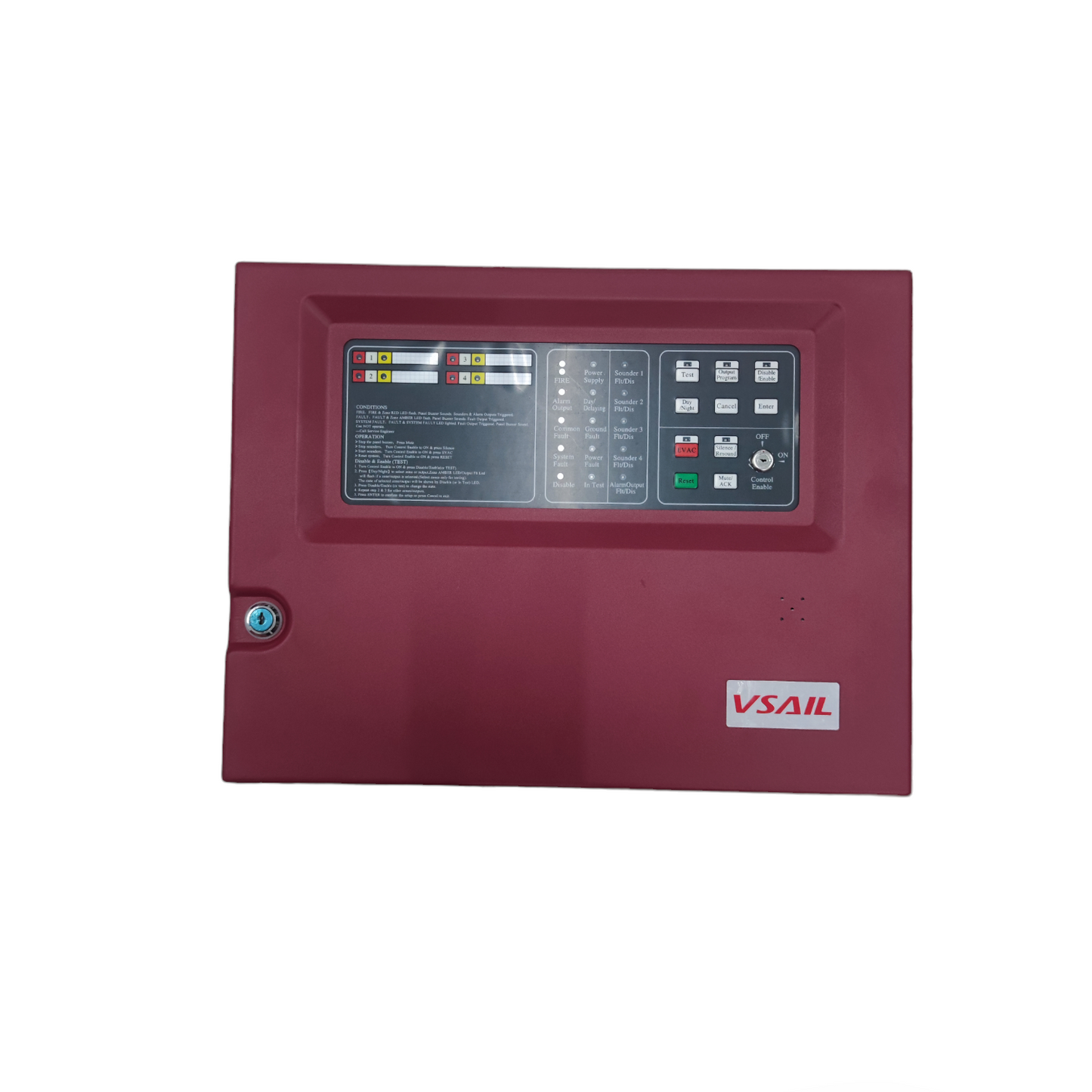 VSAIL Control Panel Conventional Type 4 Zones fire alarm system in maroon with display and control buttons