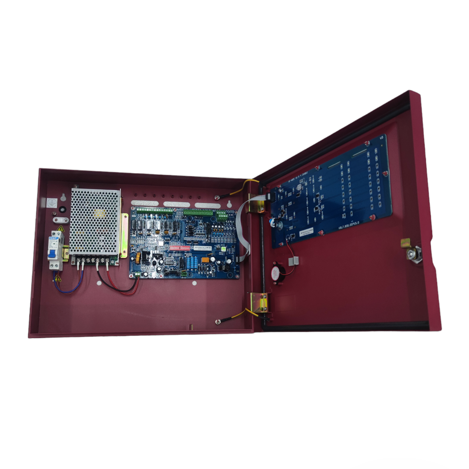 VSAIL Control Panel Conventional Type 4 Zones fire alarm system with open red metal casing and circuit boards