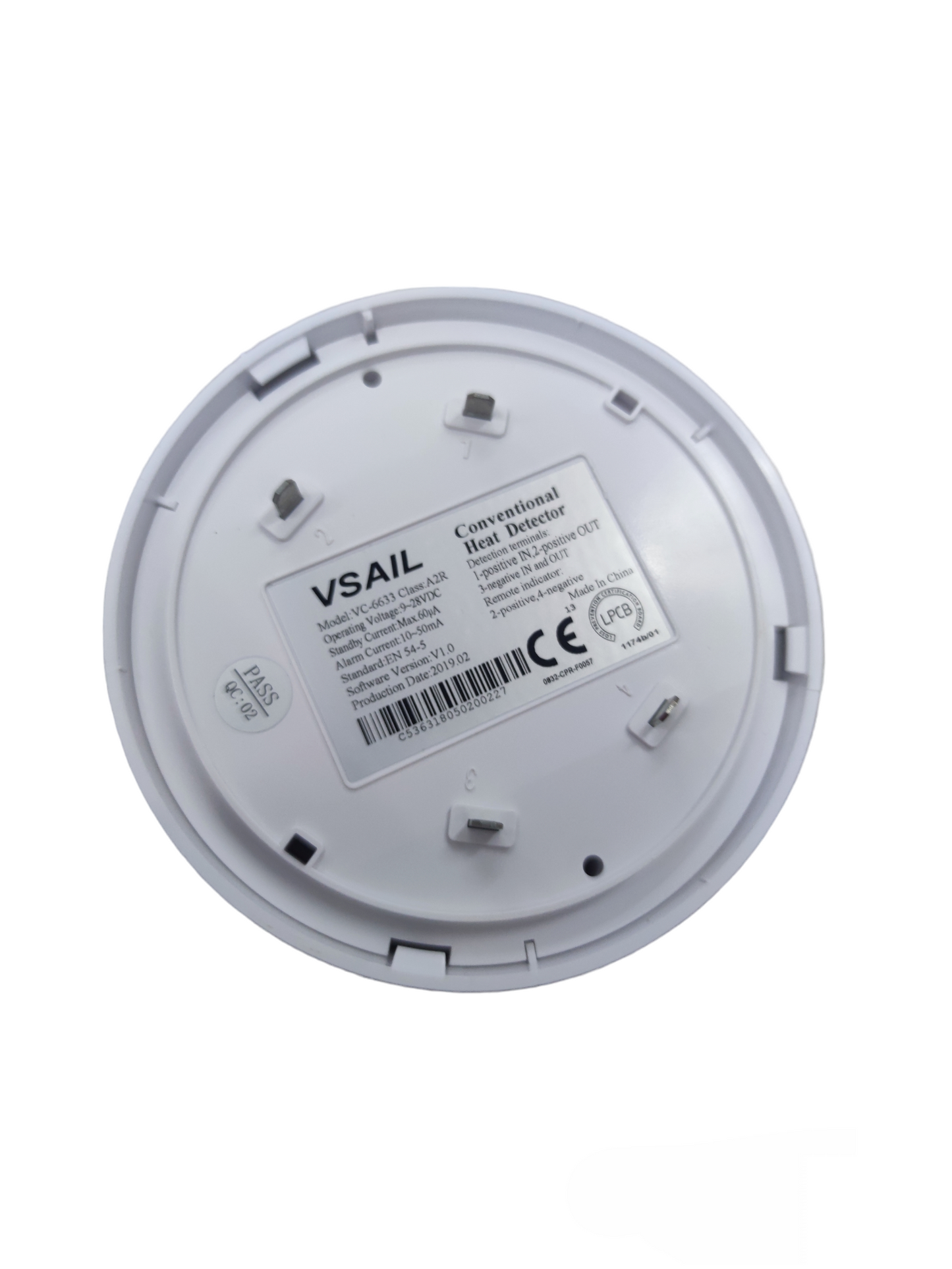 VSAIL heat detector 24V DC conventional fire alarm base with connection pins and certification labels