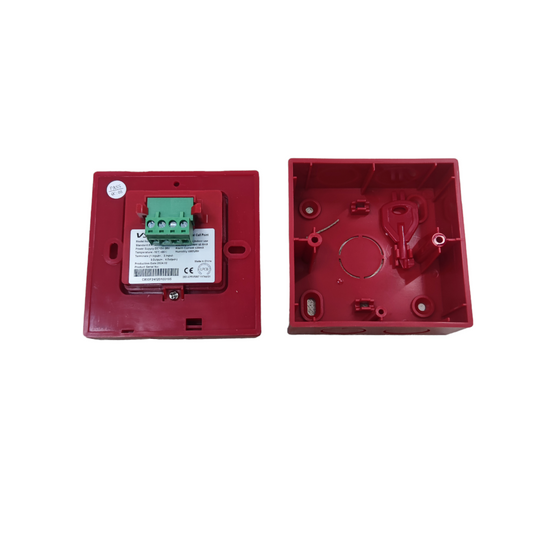 Back and front view of red Manual Pull Station VSAIL fire alarm device with internal wiring terminals