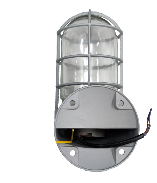 Biglite wall mounted vapor lamp with protective metal cage and clear glass cover for incandescent bulbs