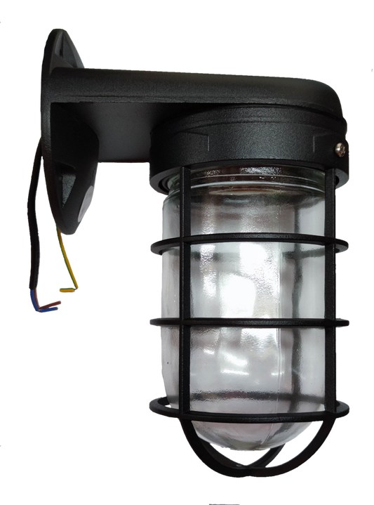 Biglite black wall mounted vapor lamp with protective cage and glass cover for outdoor lighting