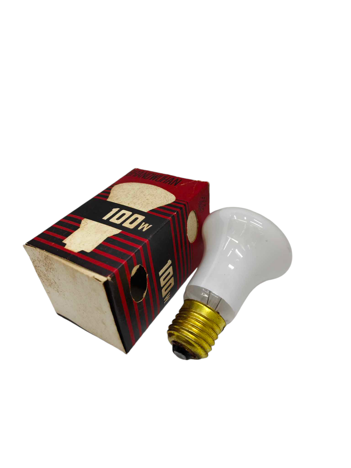 Wuhan Warm White Lamp Standard E-27 with 100W power next to red and black vintage packaging box