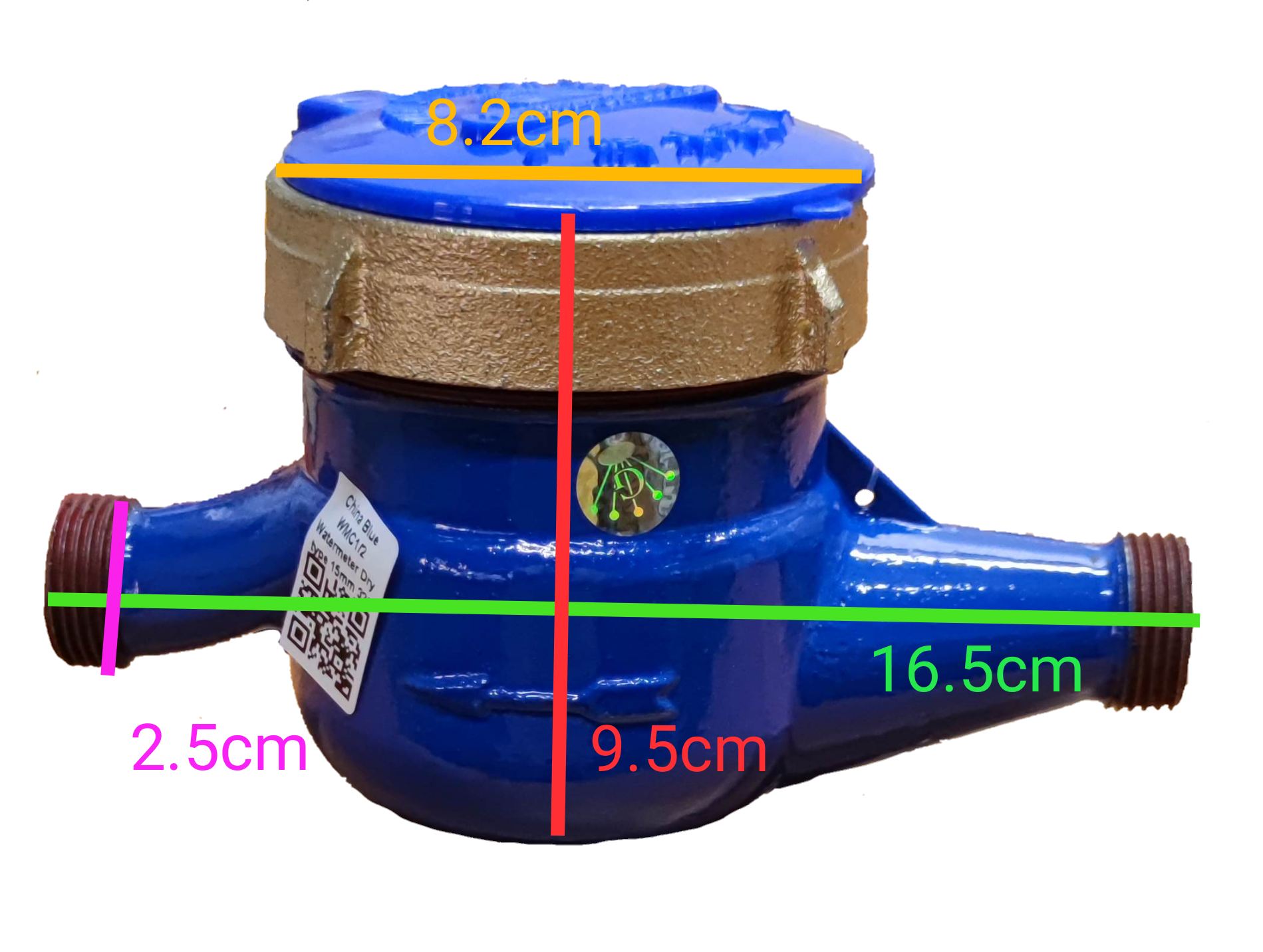 Water Meter Metal Die Cast with blue body and brass top, measuring 16.5 cm length and 9.5 cm height