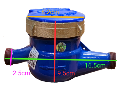 Water Meter Metal Die Cast with blue body and brass top, measuring 16.5 cm length and 9.5 cm height