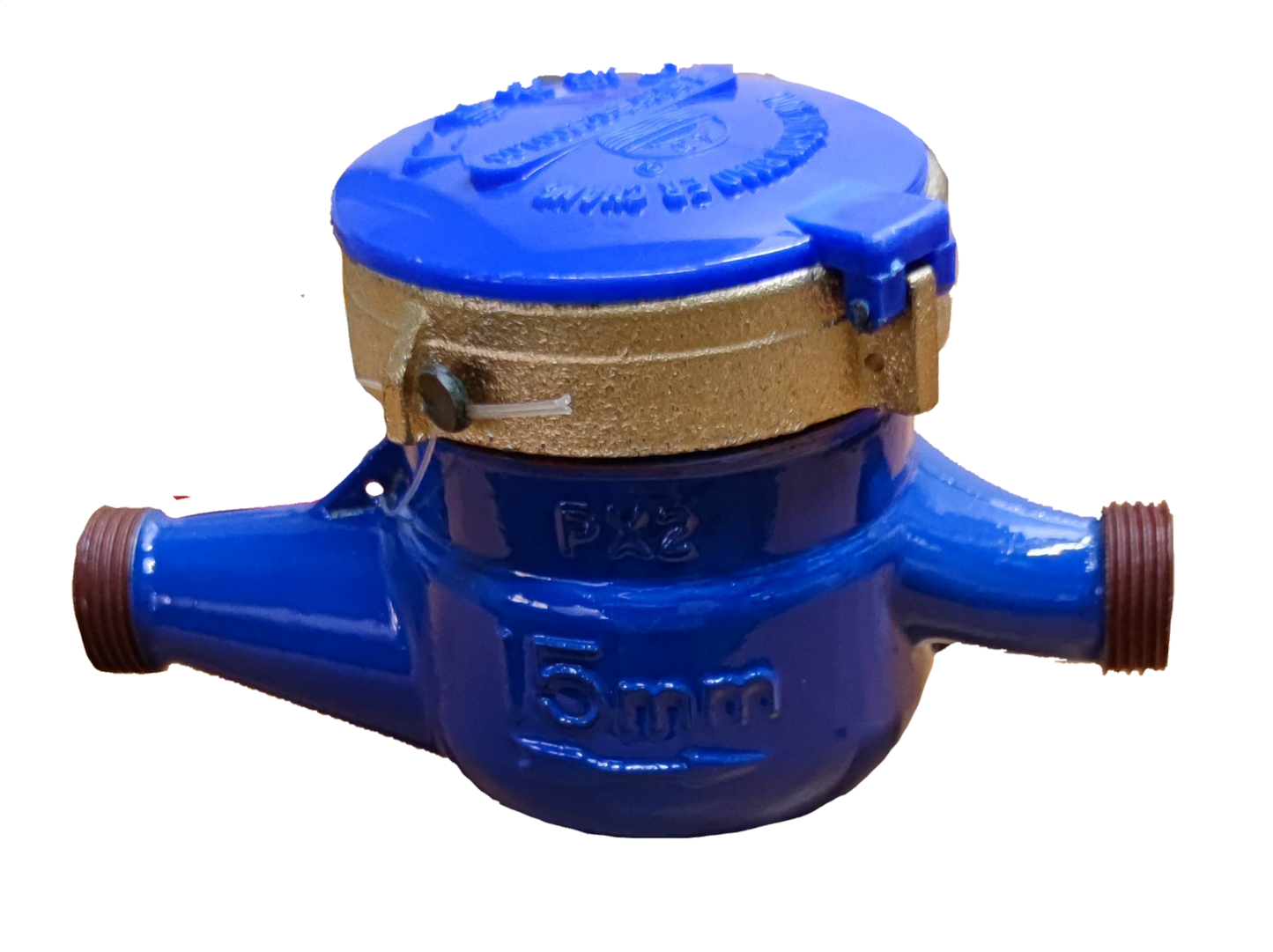 Blue and gold Water Meter Metal Die Cast with dual pipe connectors for fixture parts and valves