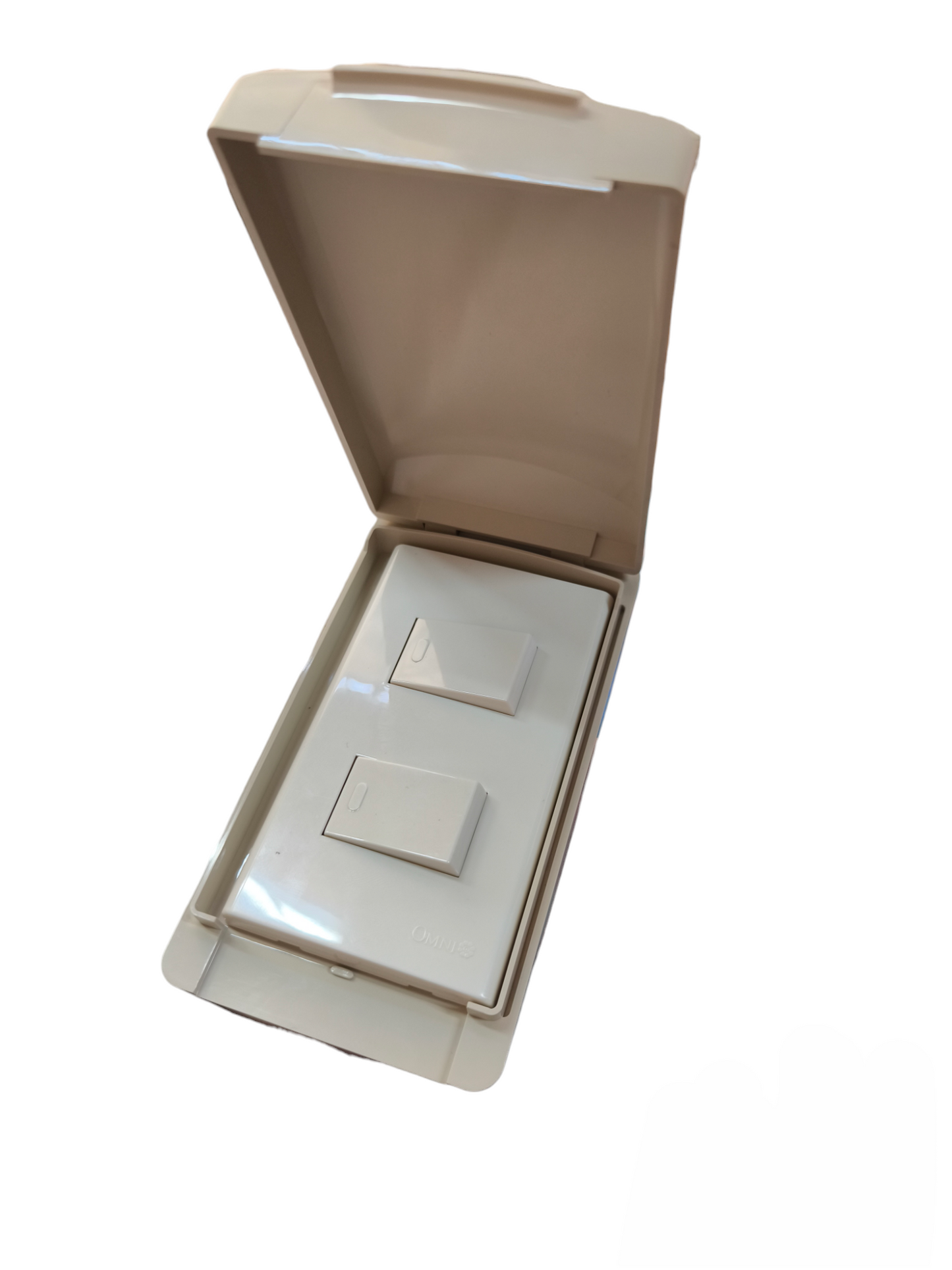 Omni weatherproof 2 gang switch 16A 250V in a secure, protective enclosure for outdoor use