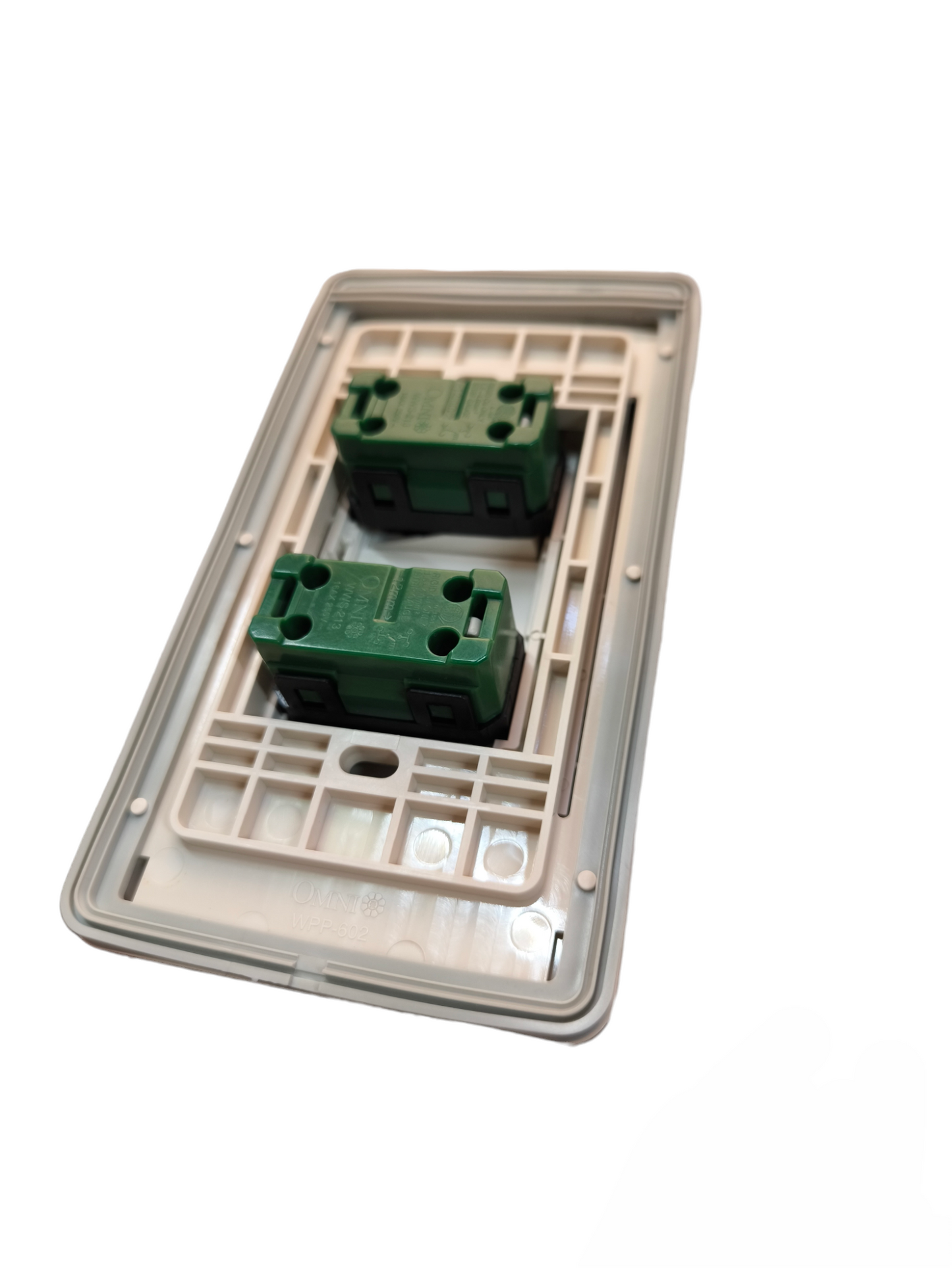 Omni weatherproof 2 gang switch 16A 250V with a durable exterior for outdoor electrical use