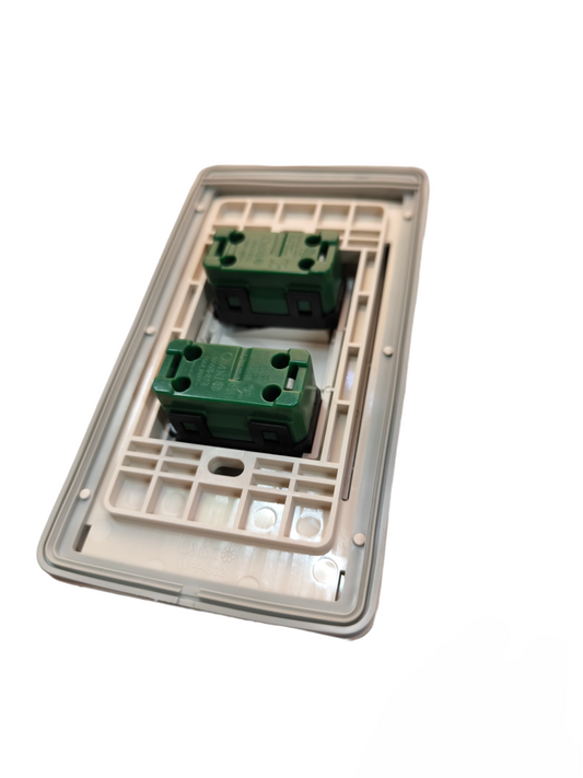 Omni weatherproof 2 gang switch 16A 250V with a durable exterior for outdoor electrical use
