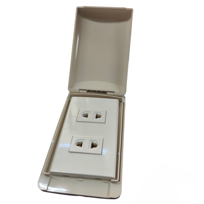Omni Weatherproof 2 Gang Universal Outlet 15A with protective cover closed open showing dual sockets