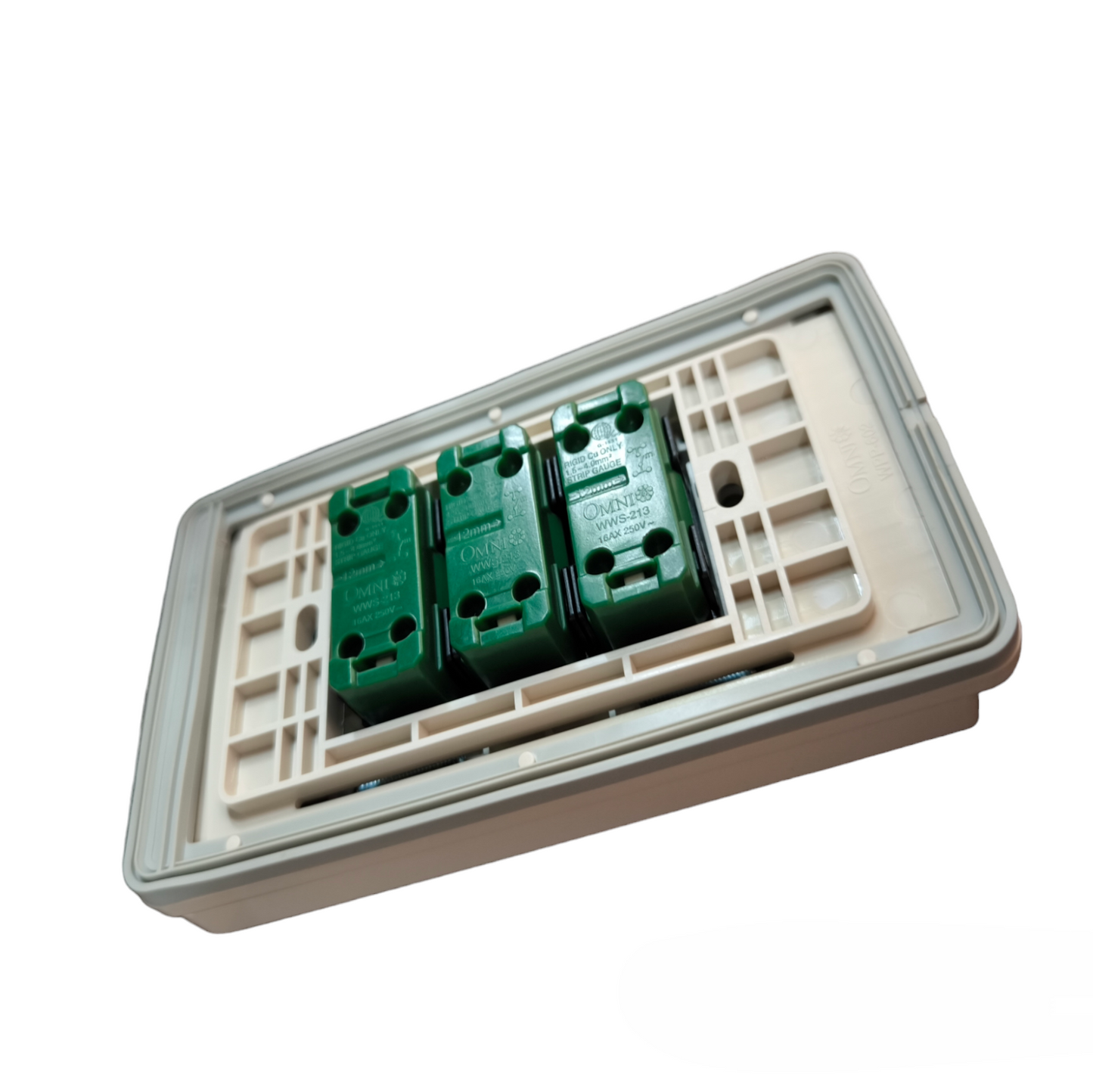 Omni Weatherproof 3 Gang 1 Way Switch 16A with green switches and white plastic frame