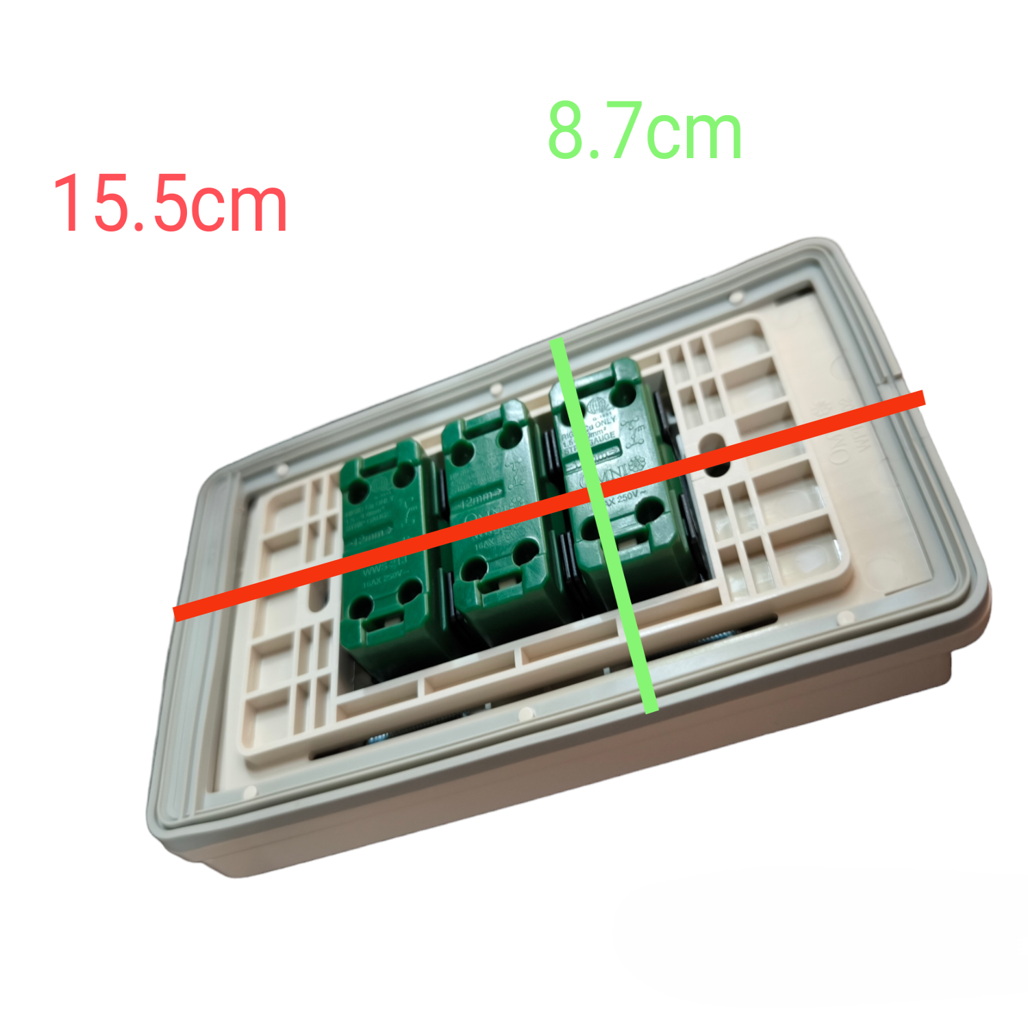 Omni Weatherproof 3 Gang 1 Way Switch 16A showing back view with dimensions 15.5 cm by 8.7 cm