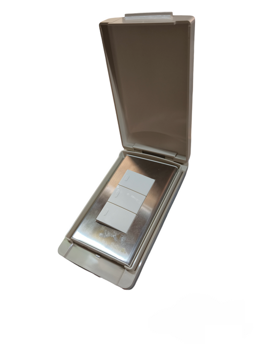 Omni Weatherproof 3 Gang 1 Way Switch 16A with protective cover in open position