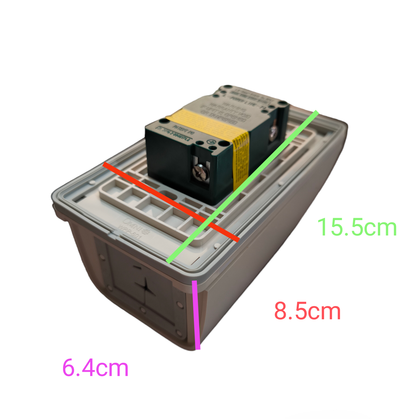 Omni Weatherproof GFCI Duplex Outlet 20A 250V with protective cover and dimensions shown