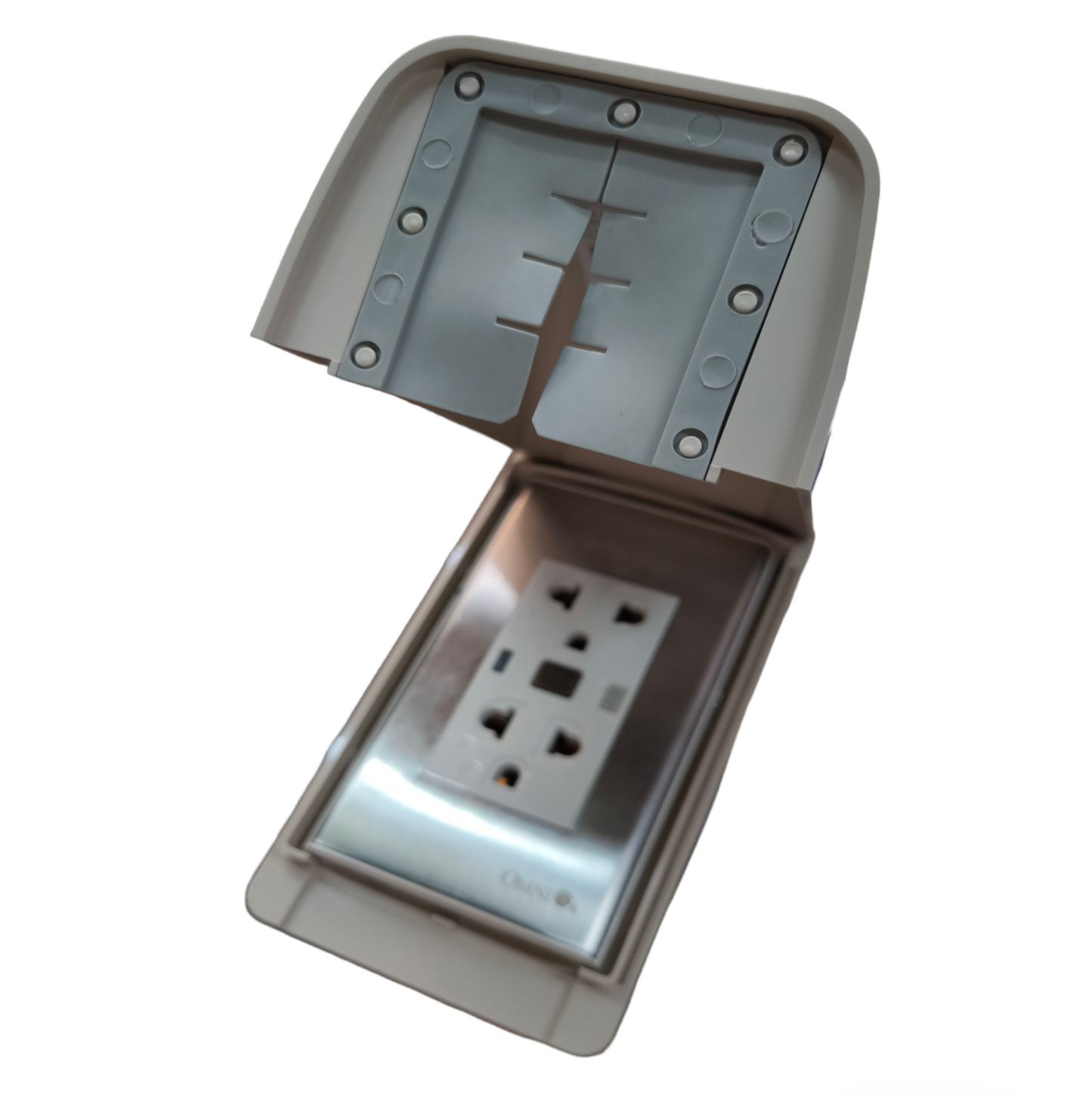 Omni Weatherproof GFCI Duplex Outlet 20A 250V with protective cover for outdoor use
