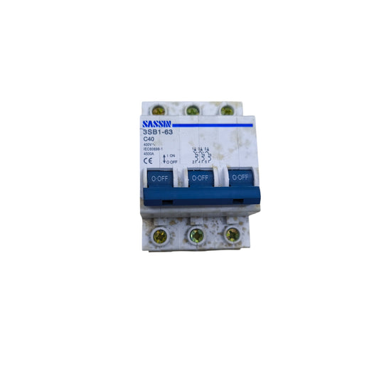 Sassin Miniature Circuit Breaker 40A 3Pole white and blue three module unit with ON OFF levers
