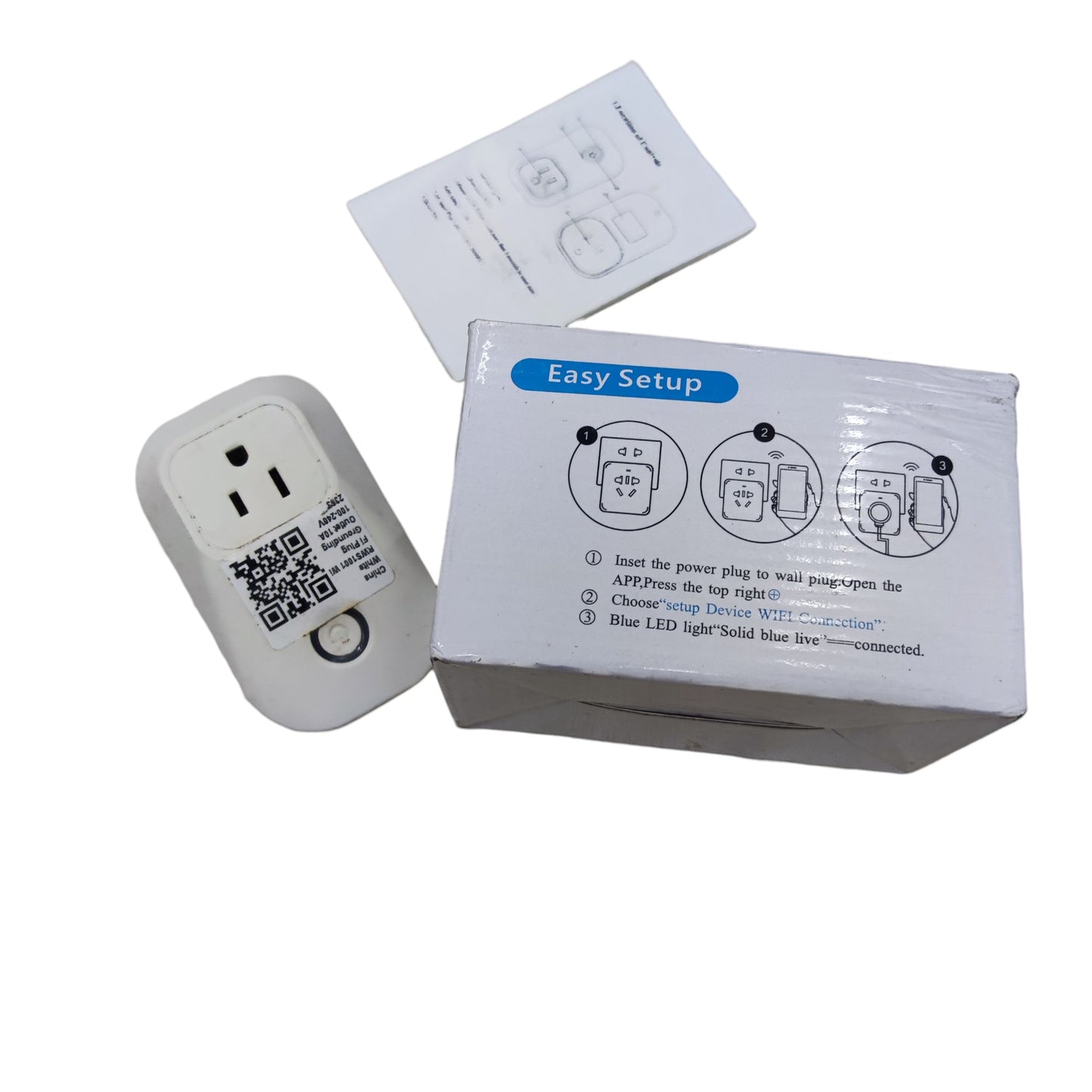 Wifi Smart Outlet 5A 220V with white power plug, easy setup guide, and packaging box
