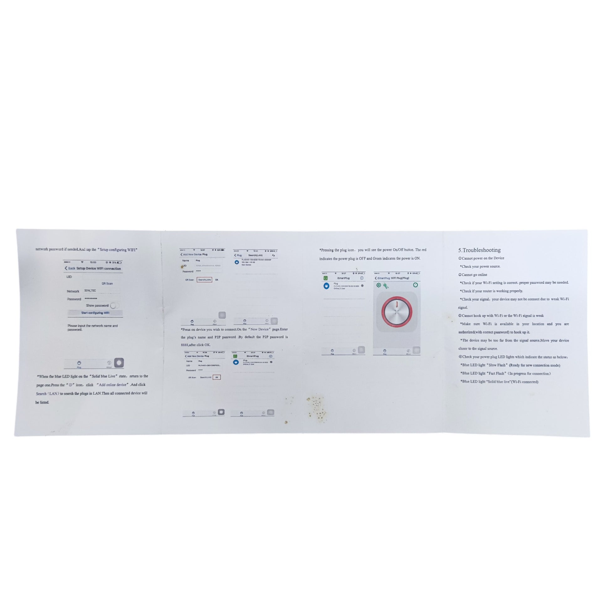 Instruction manual sheet for Wifi Smart Outlet 5A 220V showing setup and troubleshooting steps