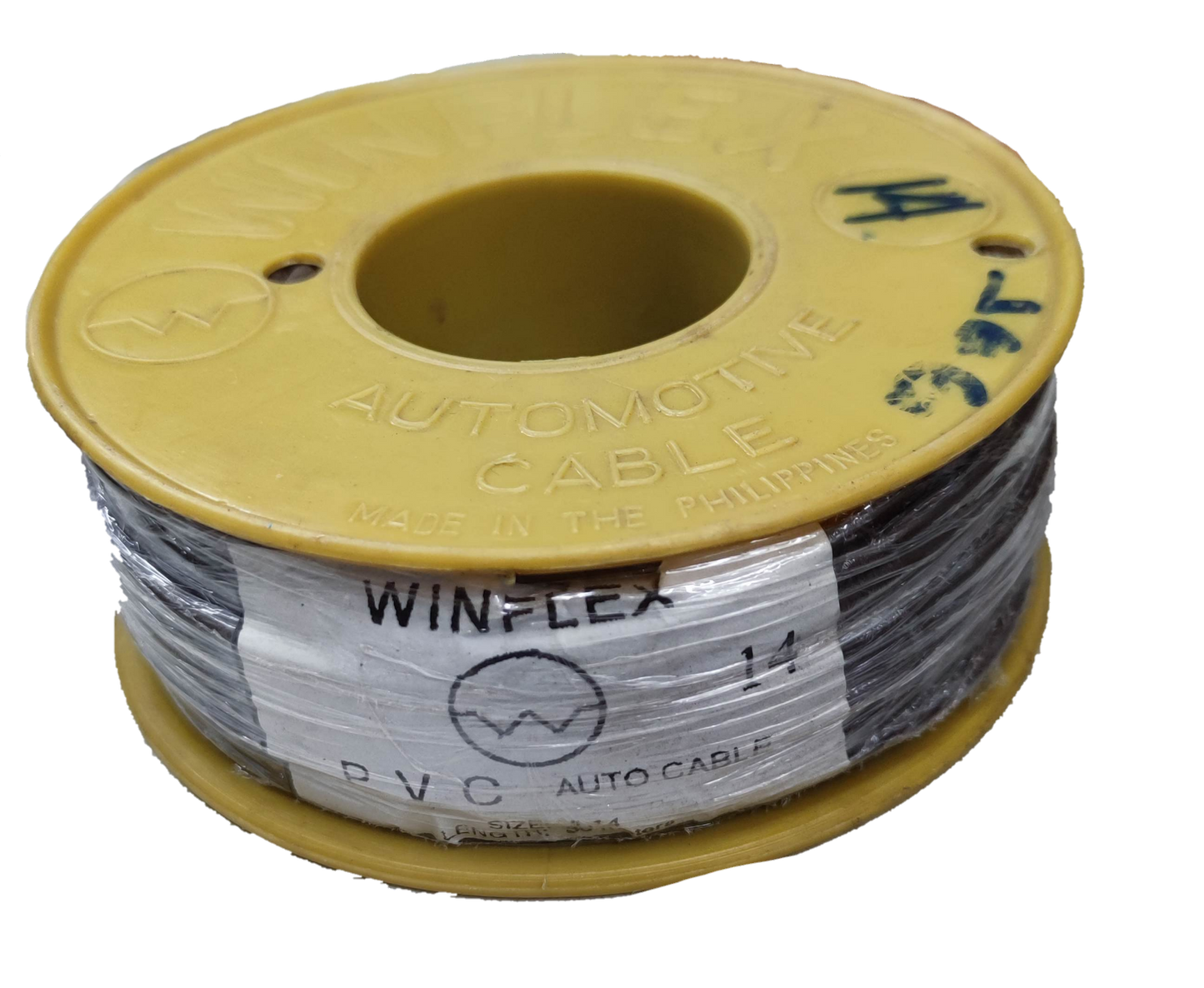 Winflex Auto Wire 14 AWG black automotive cable spool with yellow core and plastic wrapping