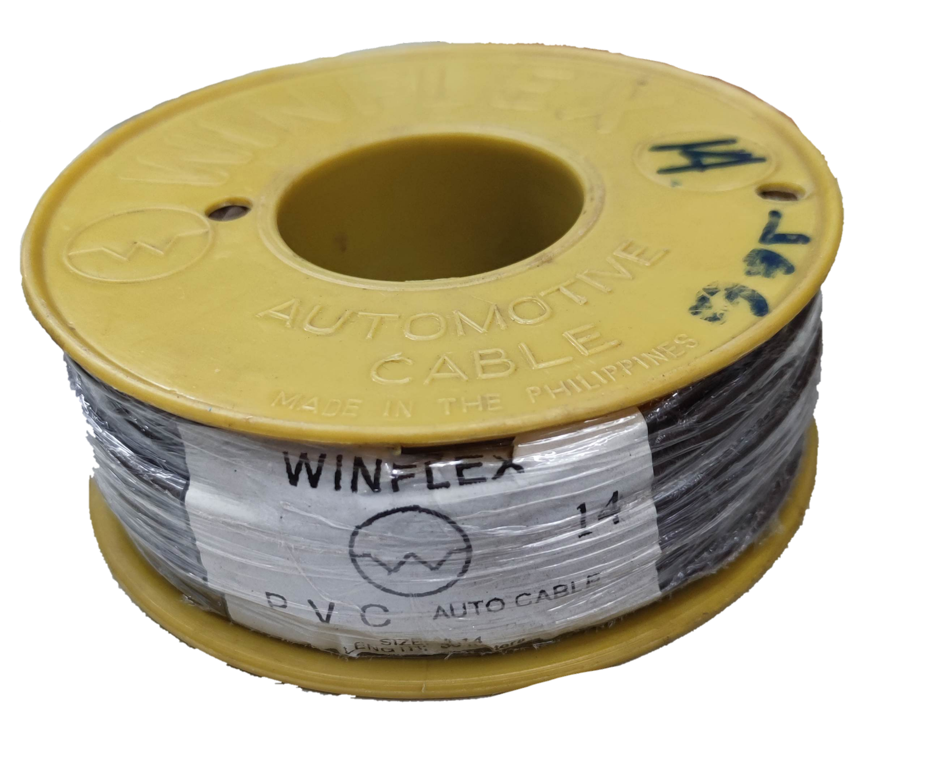 Winflex Auto Wire 14 AWG black automotive cable spool with yellow core and plastic wrapping