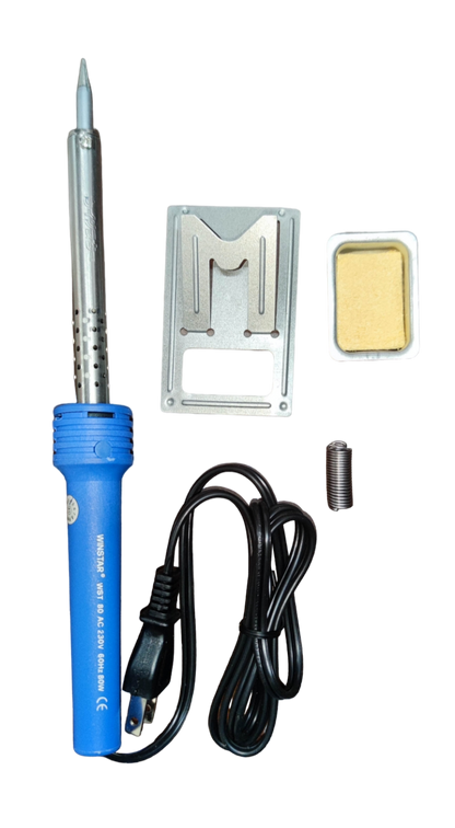 Winstar 80W soldering iron 220V with blue handle, metal stand, sponge, and accessory coil on black background
