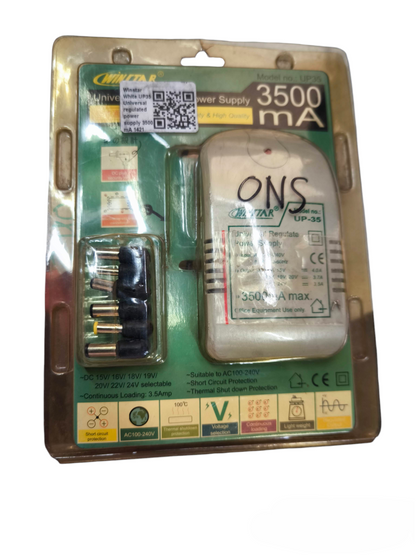 Universal Regulated Power Supply 3500mA with multiple plug adapters in retail packaging