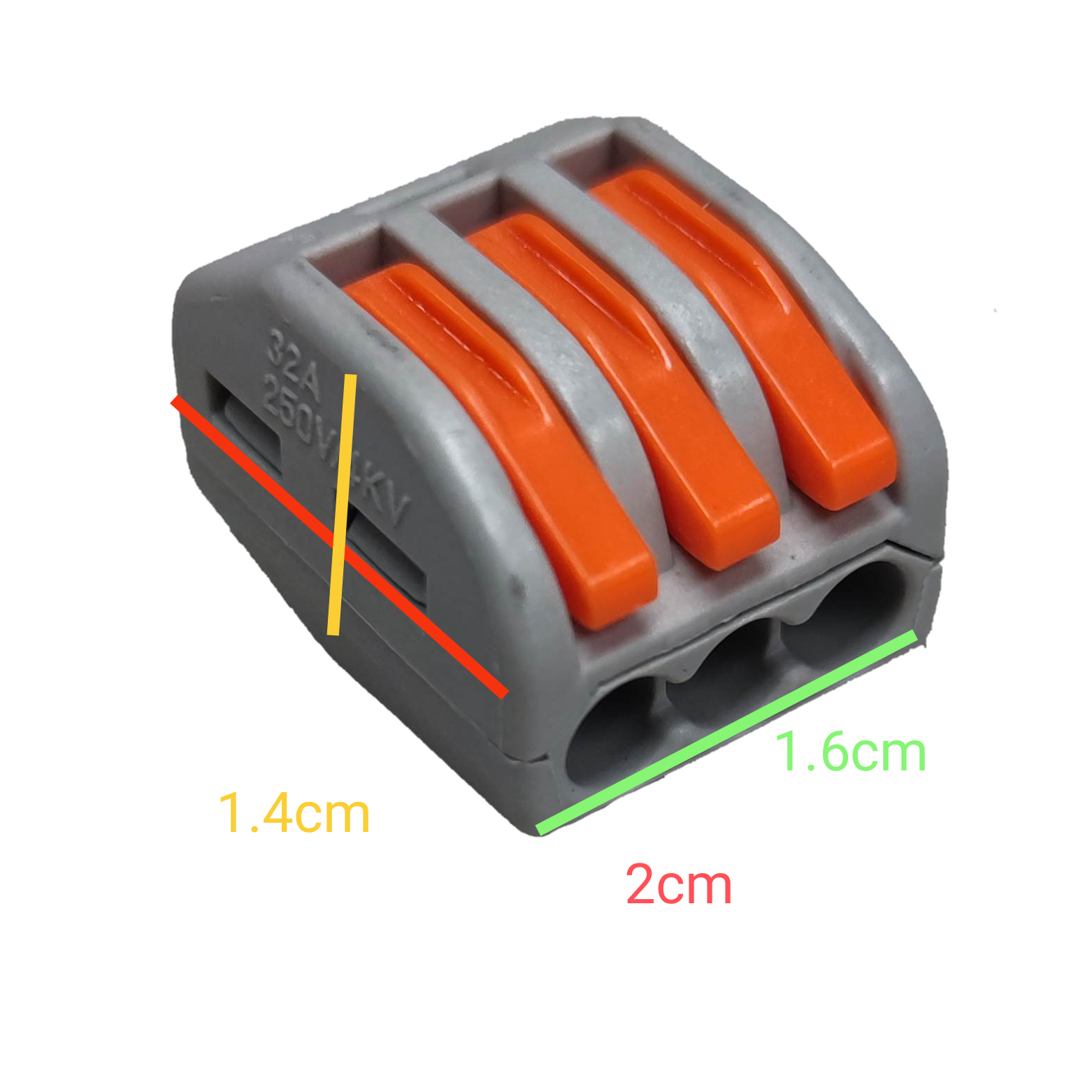 32A 250V wire connector 5 pack with three orange levers and gray plastic body for electrical circuits