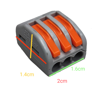 32A 250V wire connector 5 pack with three orange levers and gray plastic body for electrical circuits