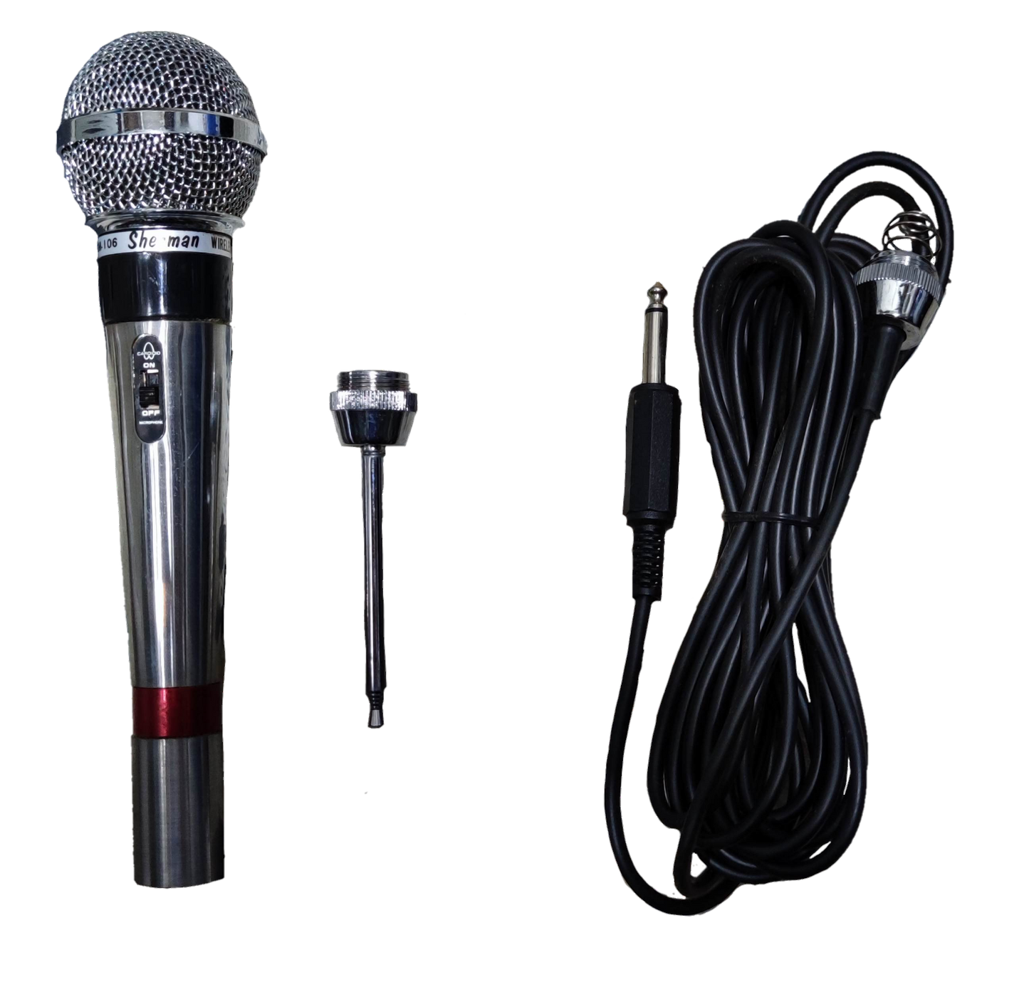 Sherman wireless microphone radio frequency input with handheld mic and connecting cable on black background