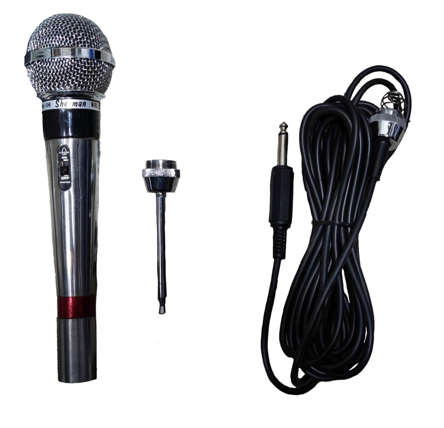 Sherman wireless microphone radio frequency input with handheld mic and connecting cable on black background