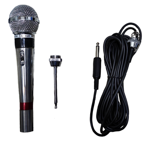 Sherman wireless microphone radio frequency input with handheld mic and connecting cable on black background