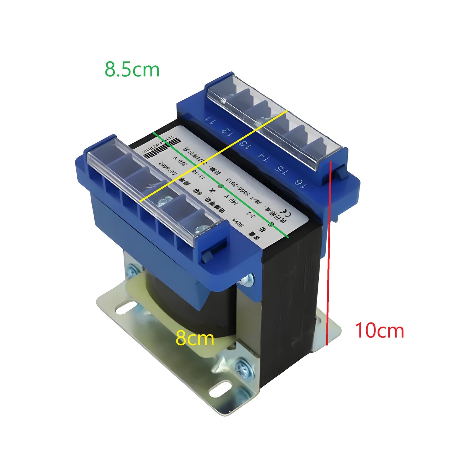 Wixim 100VA Control Transformer with blue terminals and metal mounting base measuring 10cm height